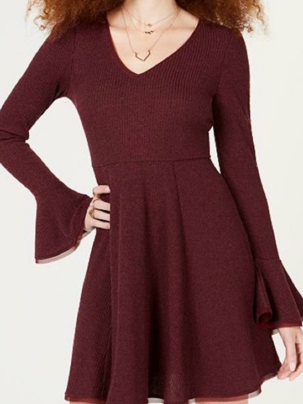 American Rag Burgundy V-Neck Bell Sleeve Fit & Flare Dress‎